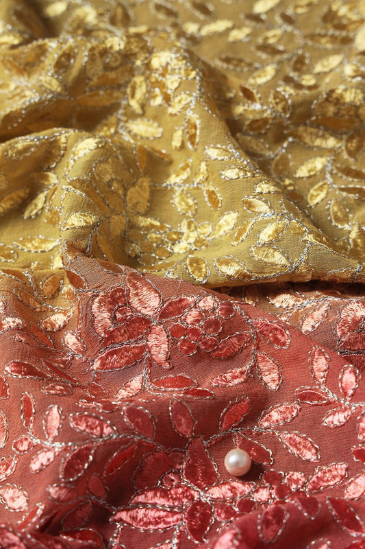 AIzaSyBcstauz-XMPRhEY21AUzeo032pxrXB5Ug - 1 Meter Cut Piece Of Multi Thread With Zari Leafy Embroidery On Multi Color Viscose Georgette Fabric