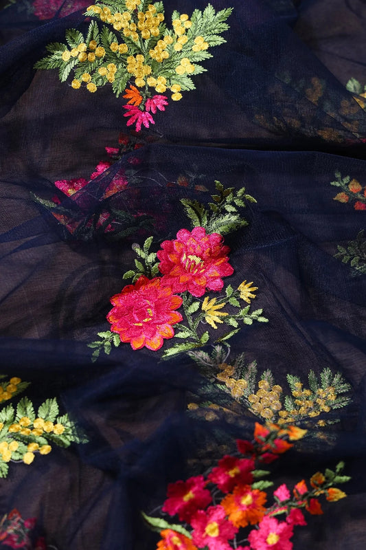 AIzaSyBcstauz-XMPRhEY21AUzeo032pxrXB5Ug - 1.50 Meter Cut Piece Of Multi Thread Floral Embroidery On Navy Blue Soft Net Fabric