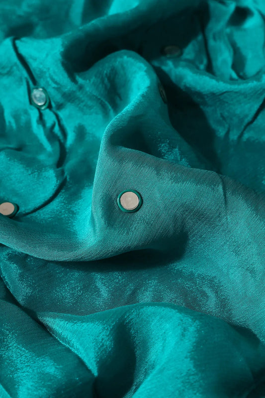 AIzaSyBcstauz-XMPRhEY21AUzeo032pxrXB5Ug - 1.50 Meter Cut Piece Of Real Mirror Embroidery Work On Dark Turquoise Viscose Chinnon Chiffon Fabric