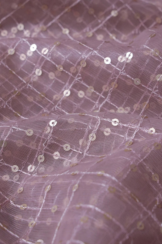 AIzaSyBcstauz-XMPRhEY21AUzeo032pxrXB5Ug - 1.75 Meter Cut Piece Of Gold Matt Sequins Small Checks Embroidery Work On Mauve Soft Net Fabric