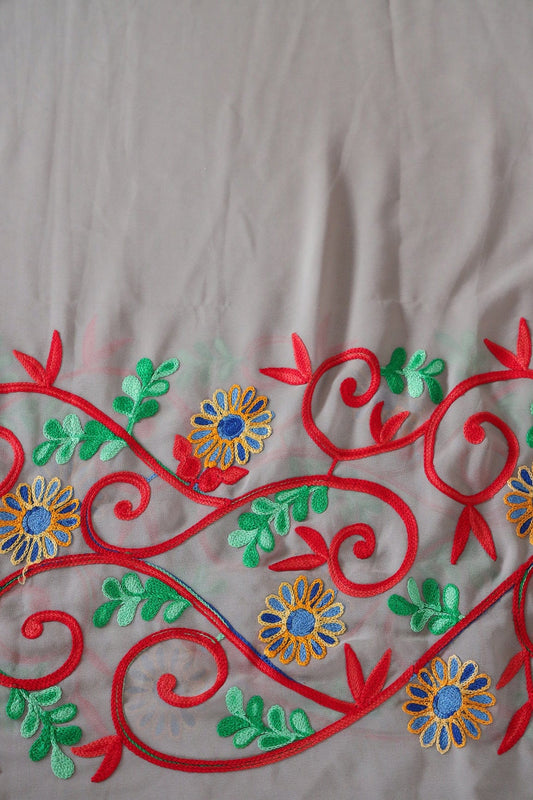 AIzaSyBcstauz-XMPRhEY21AUzeo032pxrXB5Ug - 2 Meter Cut Piece Of Multi Thread Floral Embroidery Work On Grey Georgette Fabric