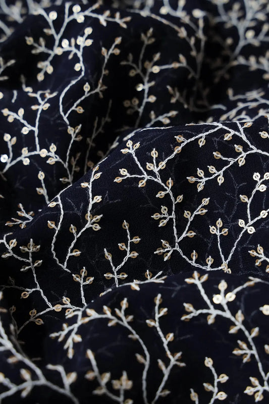 AIzaSyBcstauz-XMPRhEY21AUzeo032pxrXB5Ug - 3 Meter Cut Piece Of White Thread With Gold Sequins Leafy Embroidery On Navy Blue Georgette Fabric