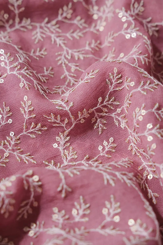 AIzaSyBcstauz-XMPRhEY21AUzeo032pxrXB5Ug - 3.25 Meter Cut Piece Of White Thread With Gold Sequins Leafy Embroidery On Thulian Pink Georgette Fabric