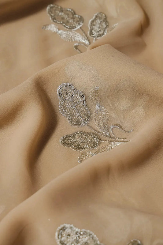 AIzaSyBcstauz-XMPRhEY21AUzeo032pxrXB5Ug - 3.75 Meter Cut Piece Of Gold Zari With Sequins Floral Embroidery On Beige Georgette Fabric