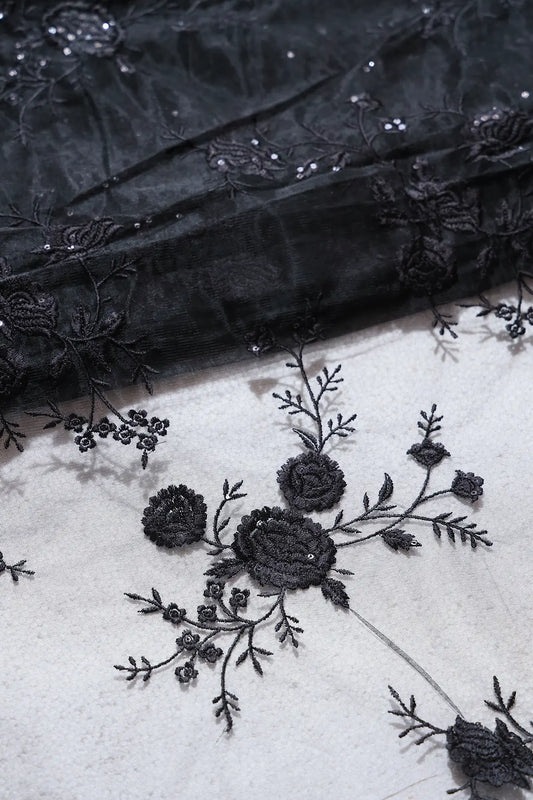 AIzaSyBcstauz-XMPRhEY21AUzeo032pxrXB5Ug - Black Thread With Sequins Floral Embroidery On Black Soft Net Fabric