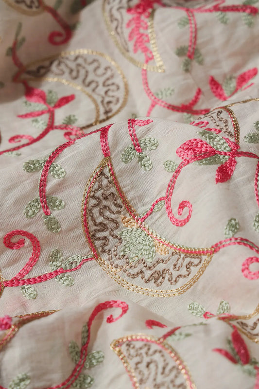 AIzaSyBcstauz-XMPRhEY21AUzeo032pxrXB5Ug - 2 Meter Cut Piece Of Multi Thread Beautiful Kashmiri Embroidery Work On Off White Cotton Fabric