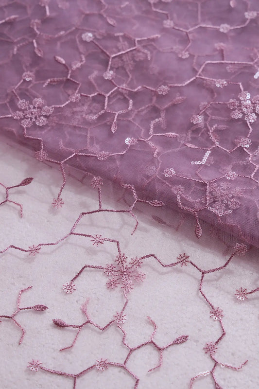 AIzaSyBcstauz-XMPRhEY21AUzeo032pxrXB5Ug - Beautiful Water Sequins Small Floral Embroidery On Mauve Soft Net Fabric