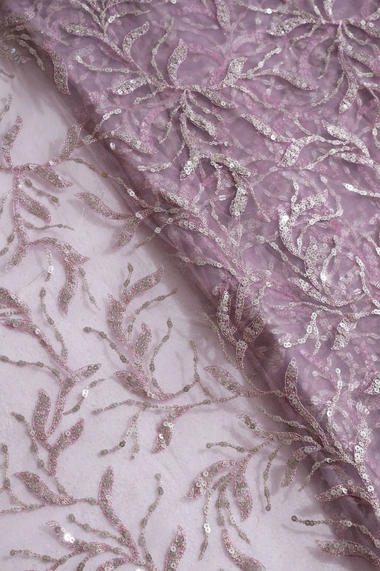 AIzaSyBcstauz-XMPRhEY21AUzeo032pxrXB5Ug - Gold And Silver Sequins Leafy Floral Embroidery On Mauve Soft Net Fabric