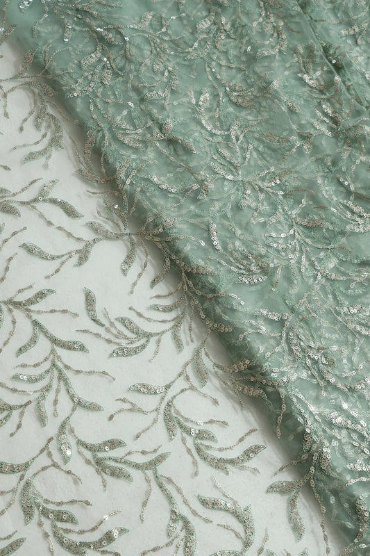 AIzaSyBcstauz-XMPRhEY21AUzeo032pxrXB5Ug - Gold And Silver Sequins Leafy Floral Embroidery On Olive Soft Net Fabric