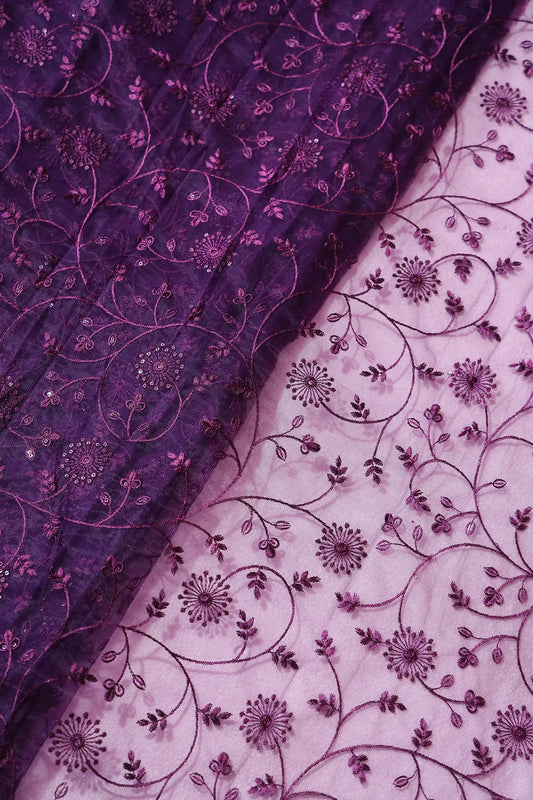 Wine Sequins With Wine Thread Floral Embroidery On Wine Soft Net Fabric