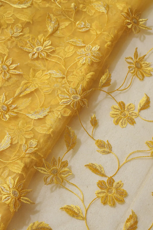 Yellow Thread With Gold Sequins Floral Embroidery On Yellow Soft Net Fabric