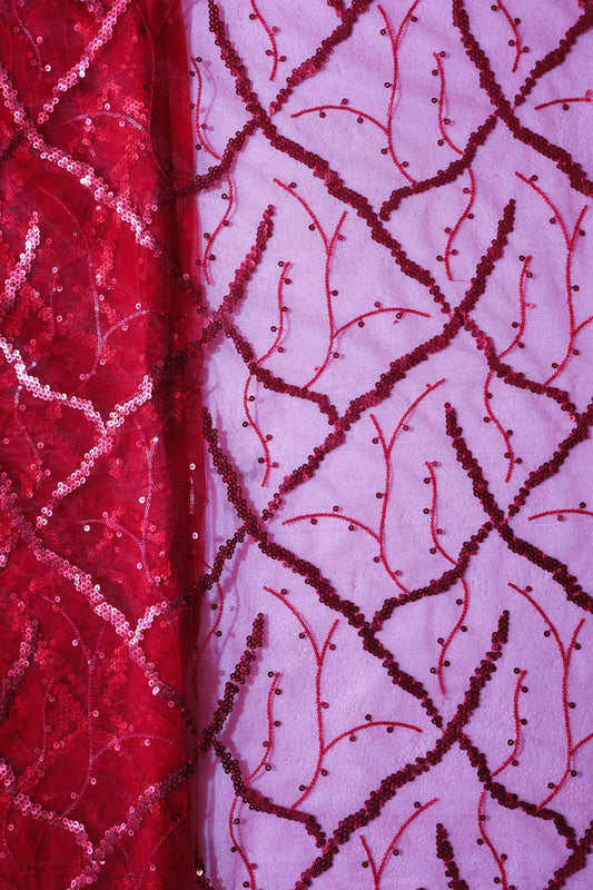 Red Sequins Geometric Embroidery On Red Soft Net Fabric