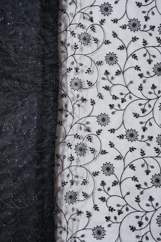 AIzaSyBcstauz-XMPRhEY21AUzeo032pxrXB5Ug - Black Sequins With Black Thread Floral Embroidery On Black Soft Net Fabric