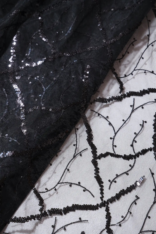 AIzaSyBcstauz-XMPRhEY21AUzeo032pxrXB5Ug - Black Sequins Geometric Embroidery On Black Soft Net Fabric