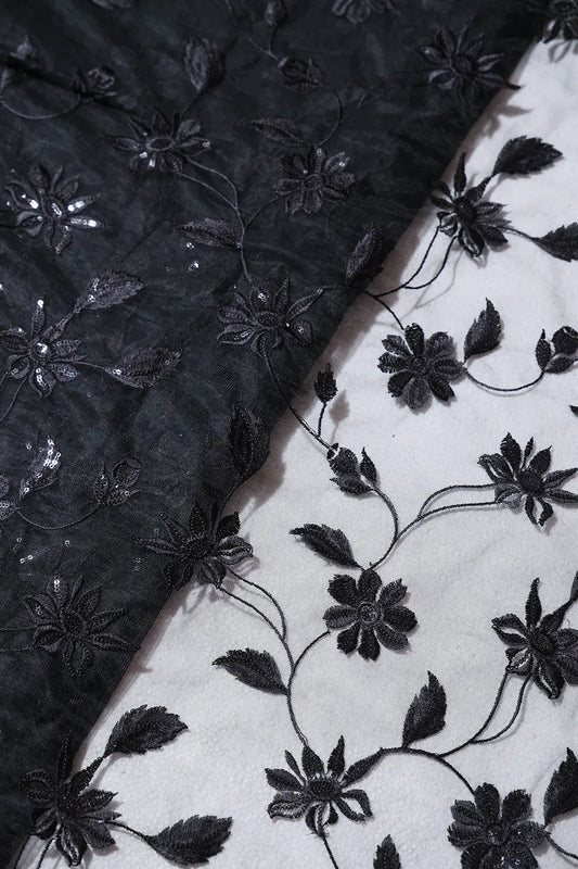 AIzaSyBcstauz-XMPRhEY21AUzeo032pxrXB5Ug - Black Thread With Black Sequins Floral Embroidery On Black Soft Net Fabric