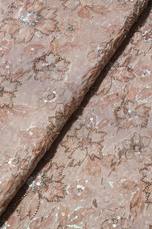 AIzaSyBcstauz-XMPRhEY21AUzeo032pxrXB5Ug - Floral Position Print On Sequins With Beads Embroidery Light Beige Viscose Zari Tissue Fabric