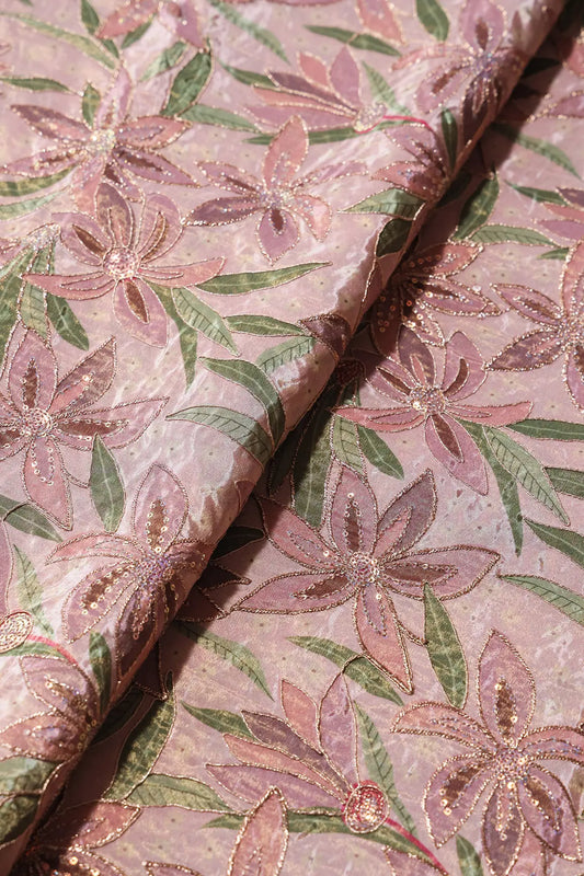 AIzaSyBcstauz-XMPRhEY21AUzeo032pxrXB5Ug - Floral Position Print On Sequins With Zari Embroidery Pink Viscose Zari Tissue Fabric