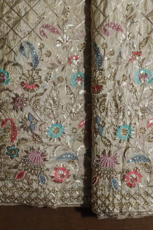 AIzaSyBcstauz-XMPRhEY21AUzeo032pxrXB5Ug - Big Width 56 Gold Sequins With Beads Checks Embroidery On Dyeable Viscose Zari Tissue Fabric With Floral Border