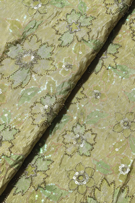 AIzaSyBcstauz-XMPRhEY21AUzeo032pxrXB5Ug - Floral Position Print On Sequins With Beads Embroidery Parrot Green Viscose Zari Tissue Fabric