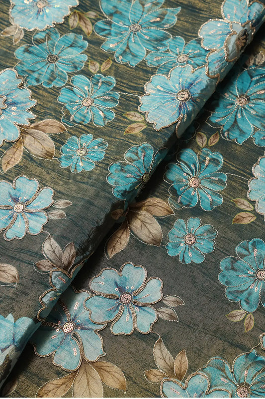 AIzaSyBcstauz-XMPRhEY21AUzeo032pxrXB5Ug - Floral Position Print On Sequins With Zari Embroidery Rama Viscose Zari Tissue Fabric