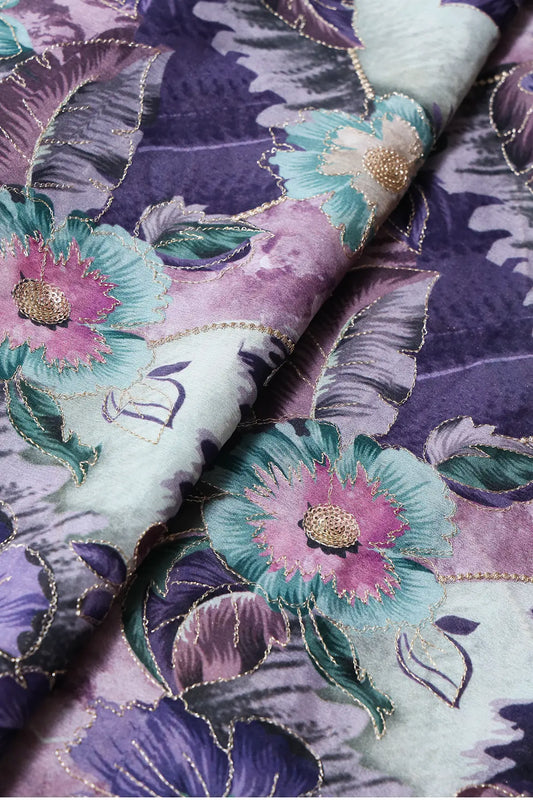 AIzaSyBcstauz-XMPRhEY21AUzeo032pxrXB5Ug - Beautiful Gold Zari With Sequins Floral Embroidery On Chinnon Chiffon Fabric