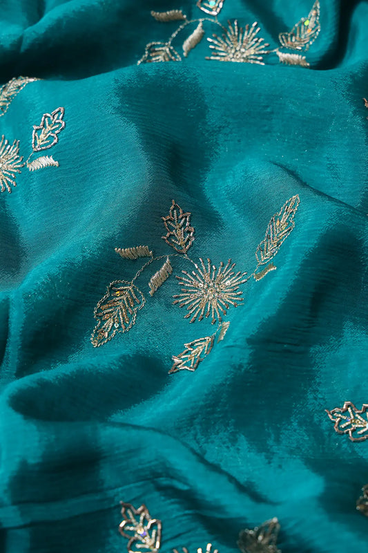 AIzaSyBcstauz-XMPRhEY21AUzeo032pxrXB5Ug - Gold Sequins With Beads And Gold Zari Floral Butta Embroidery On Rama Chinnon Chiffon Fabric