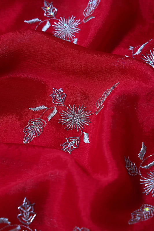 AIzaSyBcstauz-XMPRhEY21AUzeo032pxrXB5Ug - Gold Sequins With Beads And Gold Zari Floral Butta Embroidery On Red Chinnon Chiffon Fabric