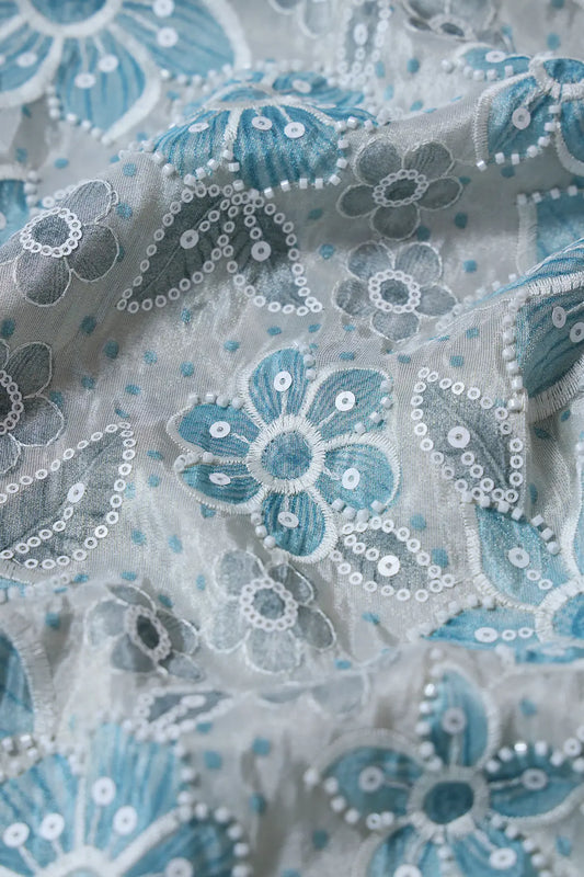 AIzaSyBcstauz-XMPRhEY21AUzeo032pxrXB5Ug - Floral Position Print With White Beads And White Sequins Embroidery On Light Grey Viscose Zari Tissue Fabric