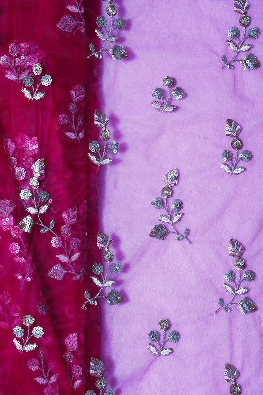 AIzaSyBcstauz-XMPRhEY21AUzeo032pxrXB5Ug - Copper And Gold Sequins Floral Embroidery On Fuchsia Soft Net Fabric