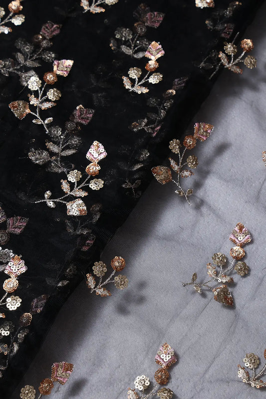 AIzaSyBcstauz-XMPRhEY21AUzeo032pxrXB5Ug - Copper And Gold Sequins Floral Embroidery On Black Soft Net Fabric