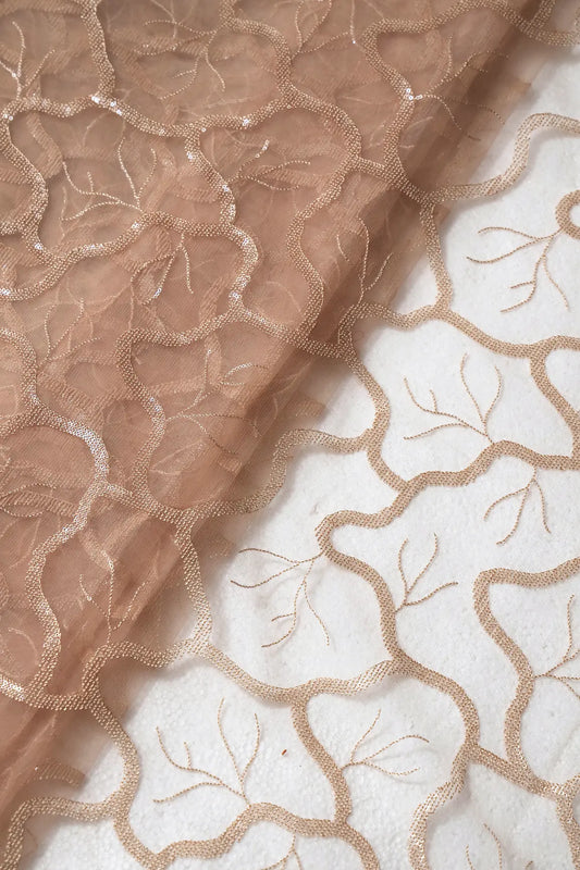 Water Sequins Abstract Embroidery On Beige Soft Net Fabric