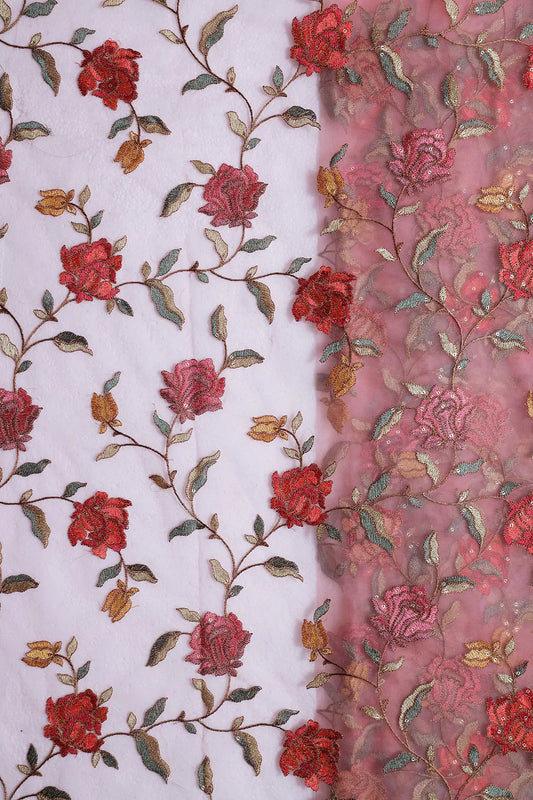 Multi Thread With Sequins Floral Embroidery Work On Pink Soft Net Fabric