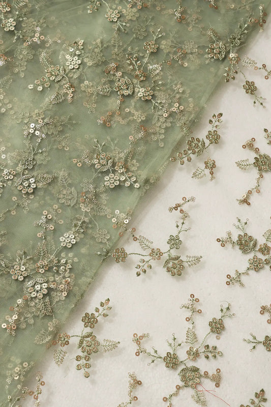 AIzaSyBcstauz-XMPRhEY21AUzeo032pxrXB5Ug - Gold Sequins With Thread Work Floral Embroidery On Olive Soft Net Fabric