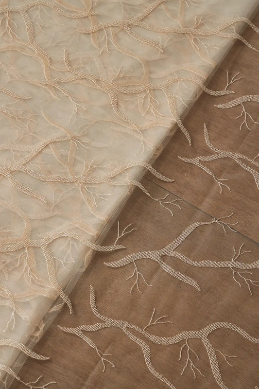 Olive Thread With Water Sequins Abstract Embroidery Work On Light Olive Soft Net Fabric