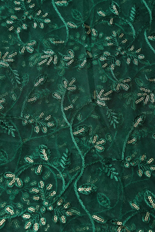 AIzaSyBcstauz-XMPRhEY21AUzeo032pxrXB5Ug - Beautiful Gold Glitter Sequins Heavy Floral Embroidery On Bottle Green Soft Net Fabric
