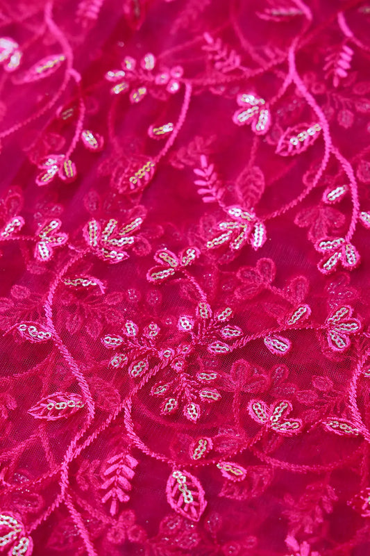 AIzaSyBcstauz-XMPRhEY21AUzeo032pxrXB5Ug - Beautiful Gold Glitter Sequins Heavy Floral Embroidery On Fuchsia Soft Net Fabric