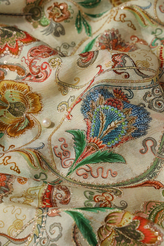 AIzaSyBcstauz-XMPRhEY21AUzeo032pxrXB5Ug - Floral Position Print On Sequins Embroidery Cream Viscose Chinnon Chiffon Fabric