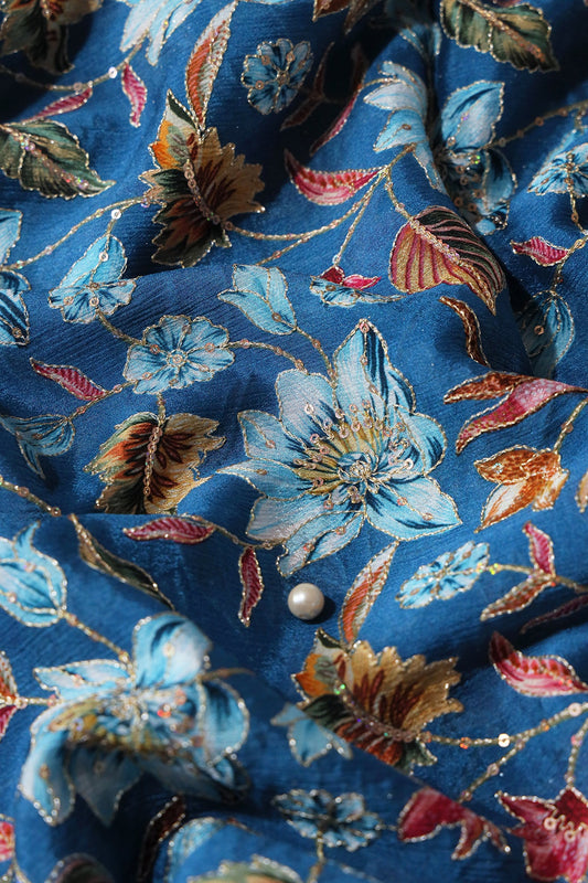 AIzaSyBcstauz-XMPRhEY21AUzeo032pxrXB5Ug - Floral Position Print On Sequins Embroidery Royal Blue Viscose Chinnon Chiffon Fabric