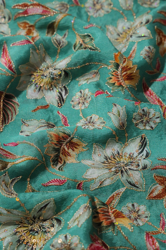 AIzaSyBcstauz-XMPRhEY21AUzeo032pxrXB5Ug - Floral Position Print On Sequins Embroidery Teal Viscose Chinnon Chiffon Fabric