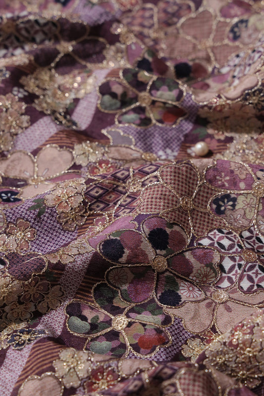 AIzaSyBcstauz-XMPRhEY21AUzeo032pxrXB5Ug - Floral Position Print On Sequins Embroidery Mauve Viscose Chinnon Chiffon Fabric