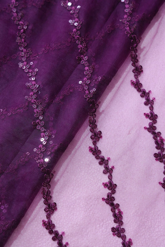 Wine Thread With Sequins Strip Embroidery Work On Wine Soft Net Fabric