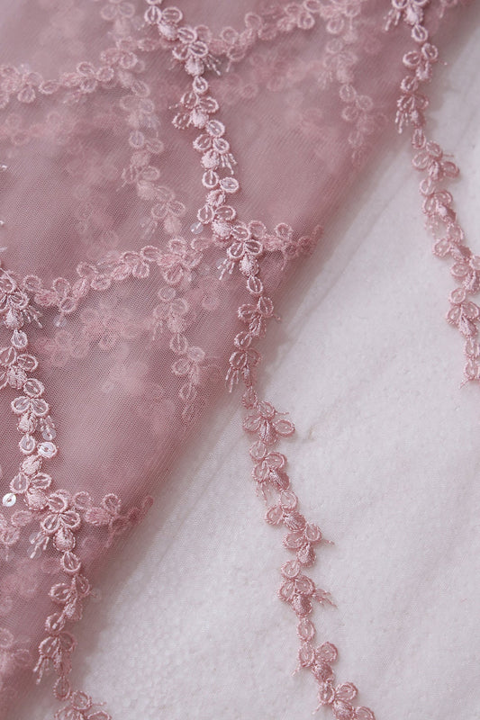 Mauve Thread With Sequins Strip Embroidery Work On Mauve Soft Net Fabric