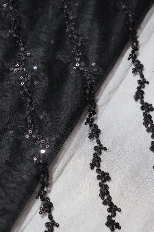 AIzaSyBcstauz-XMPRhEY21AUzeo032pxrXB5Ug - Black Thread With Sequins Strip Embroidery Work On Black Soft Net Fabric