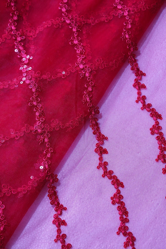 Red Thread With Sequins Strip Embroidery Work On Cherry Red Soft Net Fabric