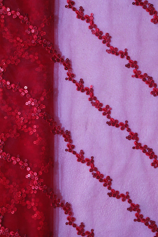 Red Thread With Sequins Strip Embroidery Work On Red Soft Net Fabric