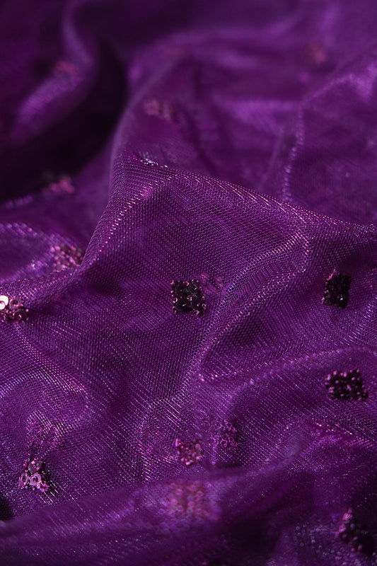 Small Motif Sequins Embroidery Work On Wine Soft Net Fabric