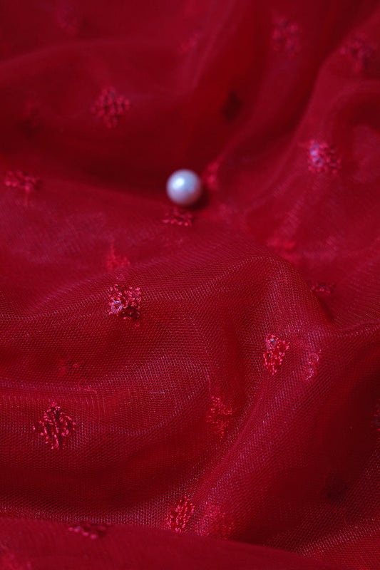 Small Motif Sequins Embroidery Work On Red Soft Net Fabric