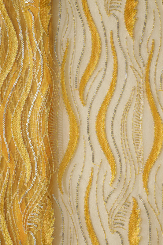 Yellow Thread With Sequins Wavy Embroidery Work On Yellow Soft Net Fabric