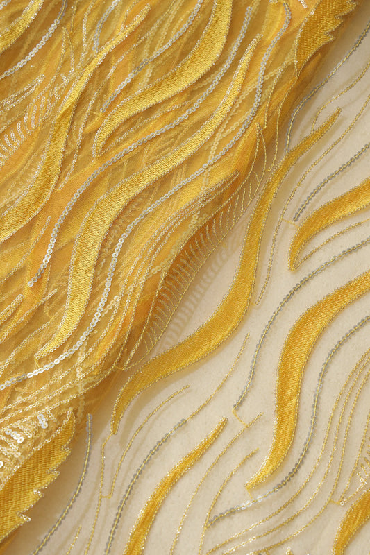 Yellow Thread With Sequins Wavy Embroidery Work On Yellow Soft Net Fabric