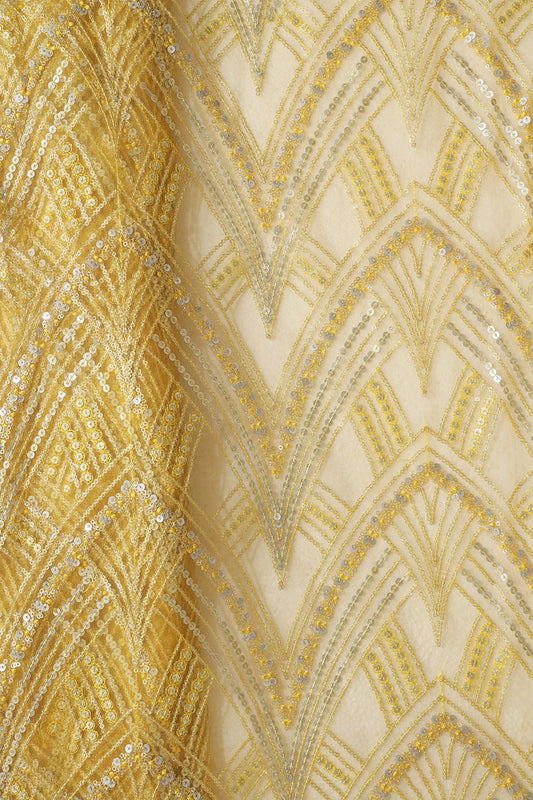 Yellow Thread With Gold And Silver Sequins Geometric Embroidery Work On Yellow Soft Net Fabric